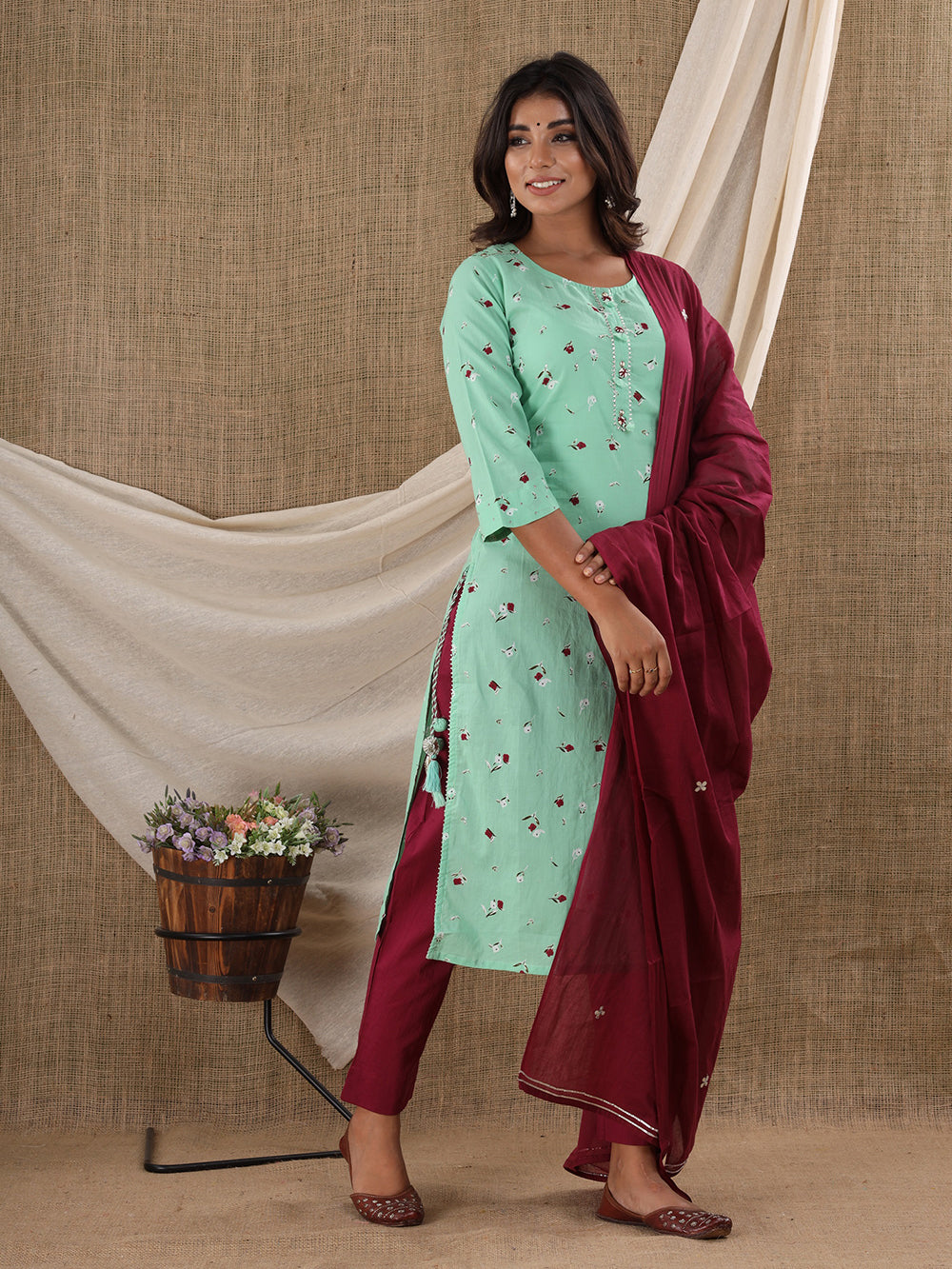 Green Floral Printed Cotton Suit Set