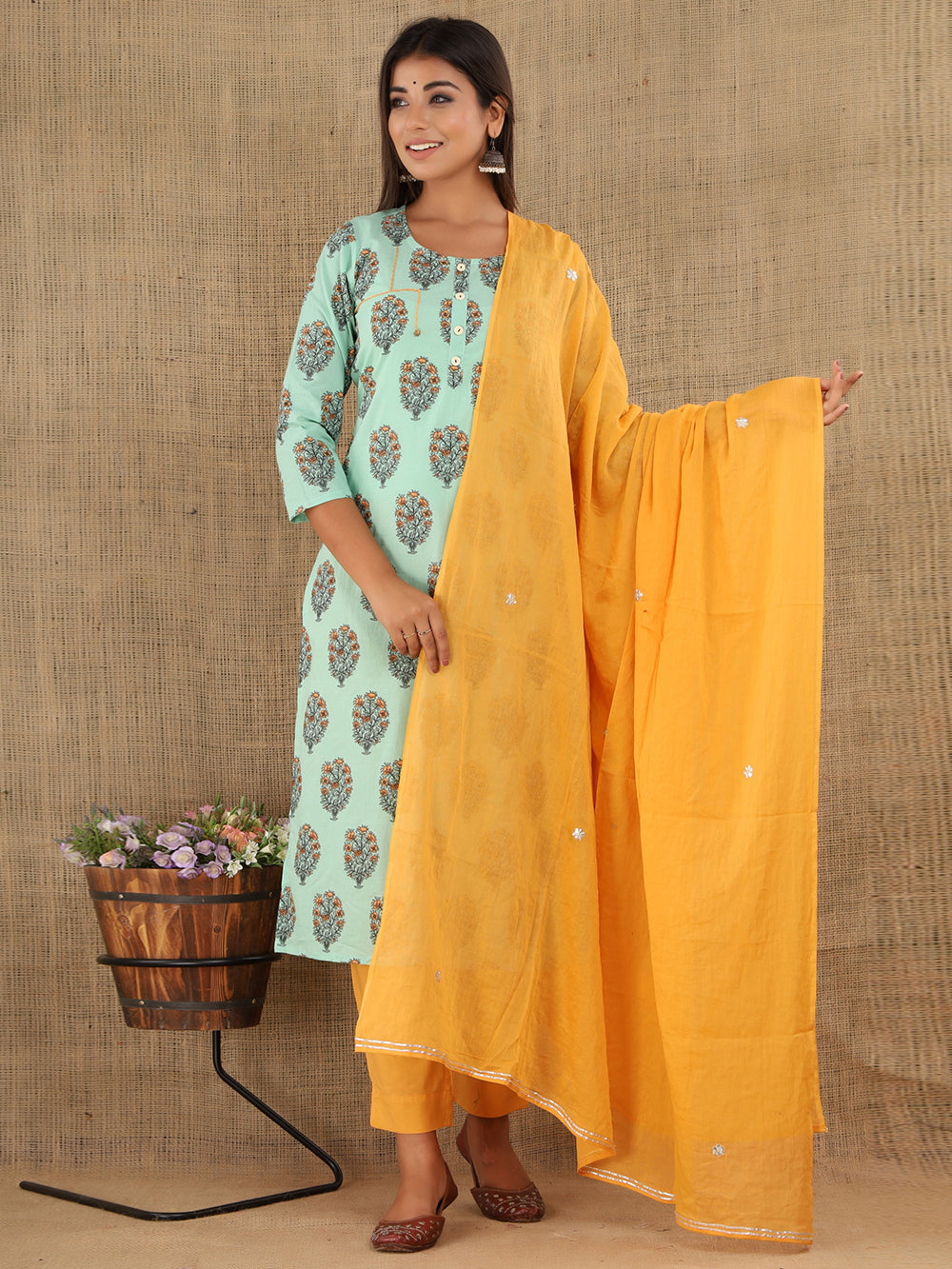 Green Block Printed Cotton Suit Set