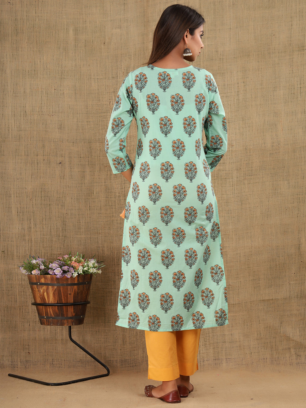 Green Block Printed Cotton Suit Set