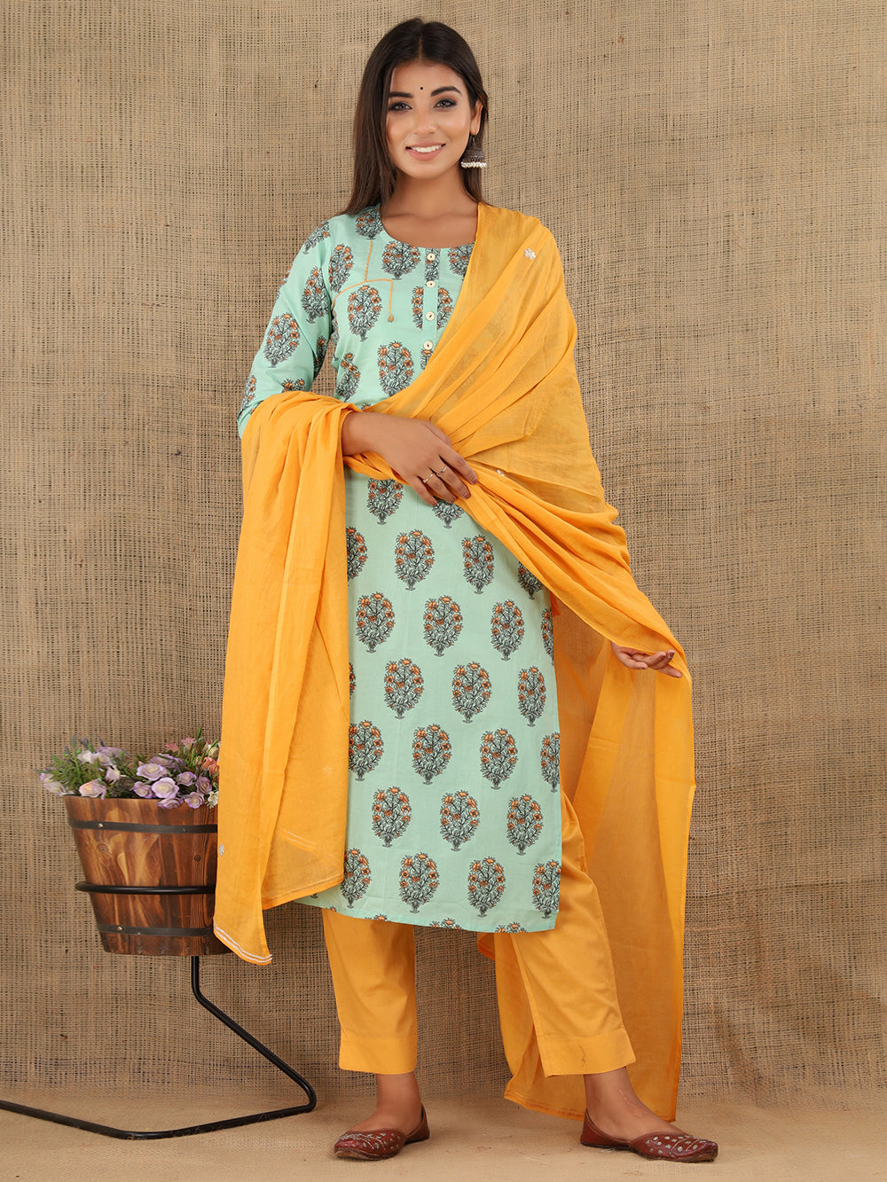 Green Block Printed Cotton Suit Set