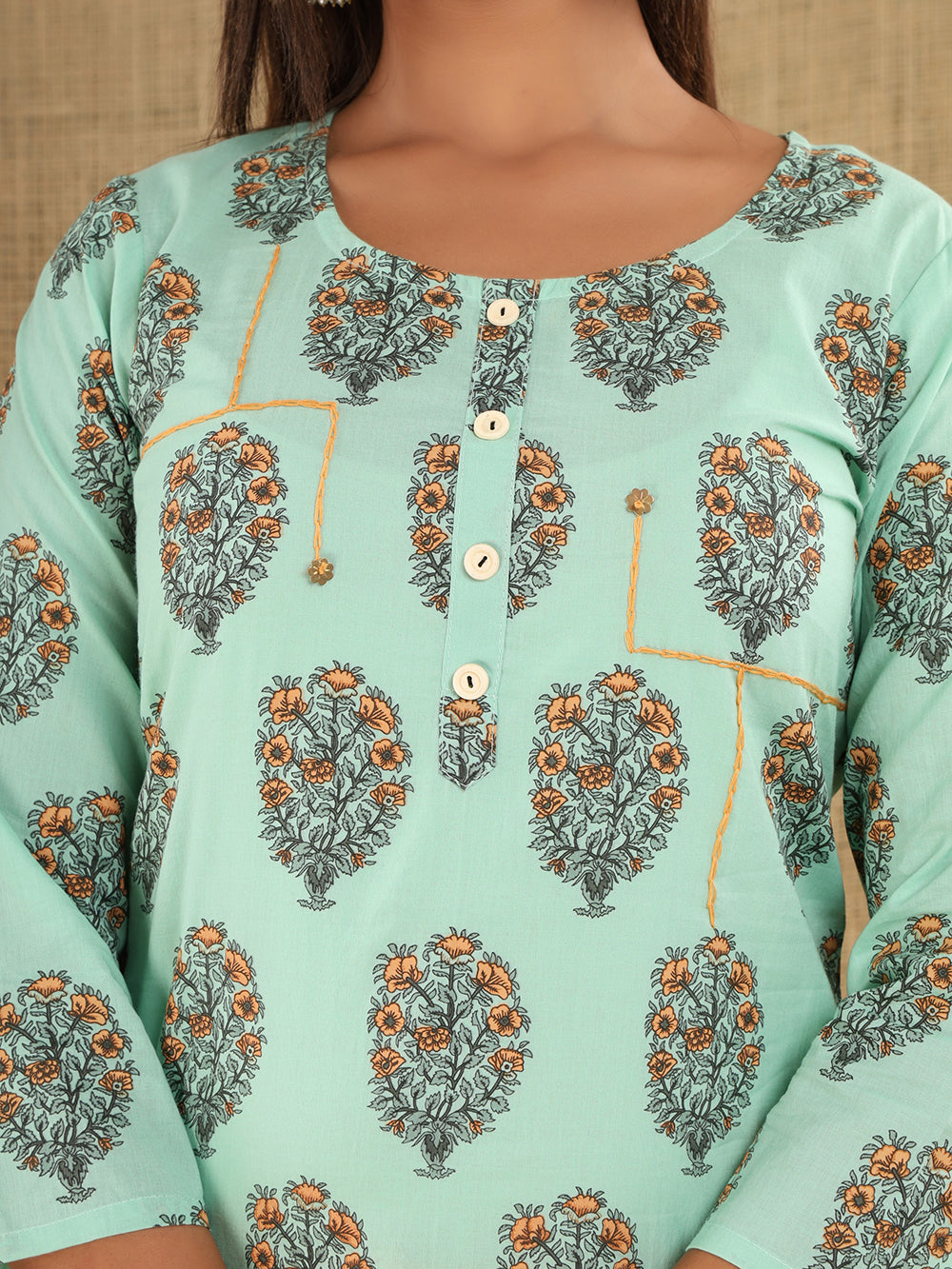 Green Block Printed Cotton Suit Set