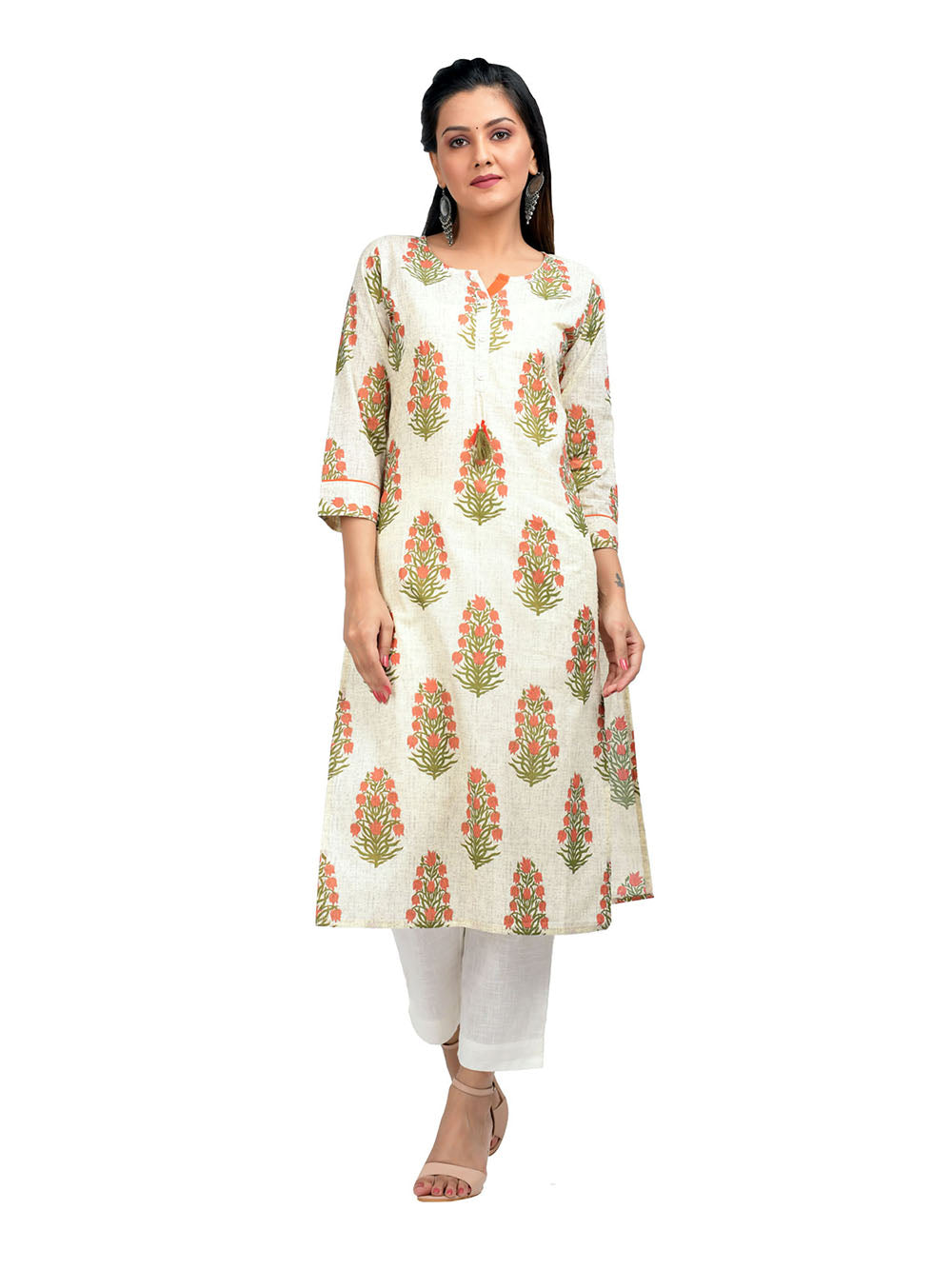 Off White Block Printed Cotton Kurta