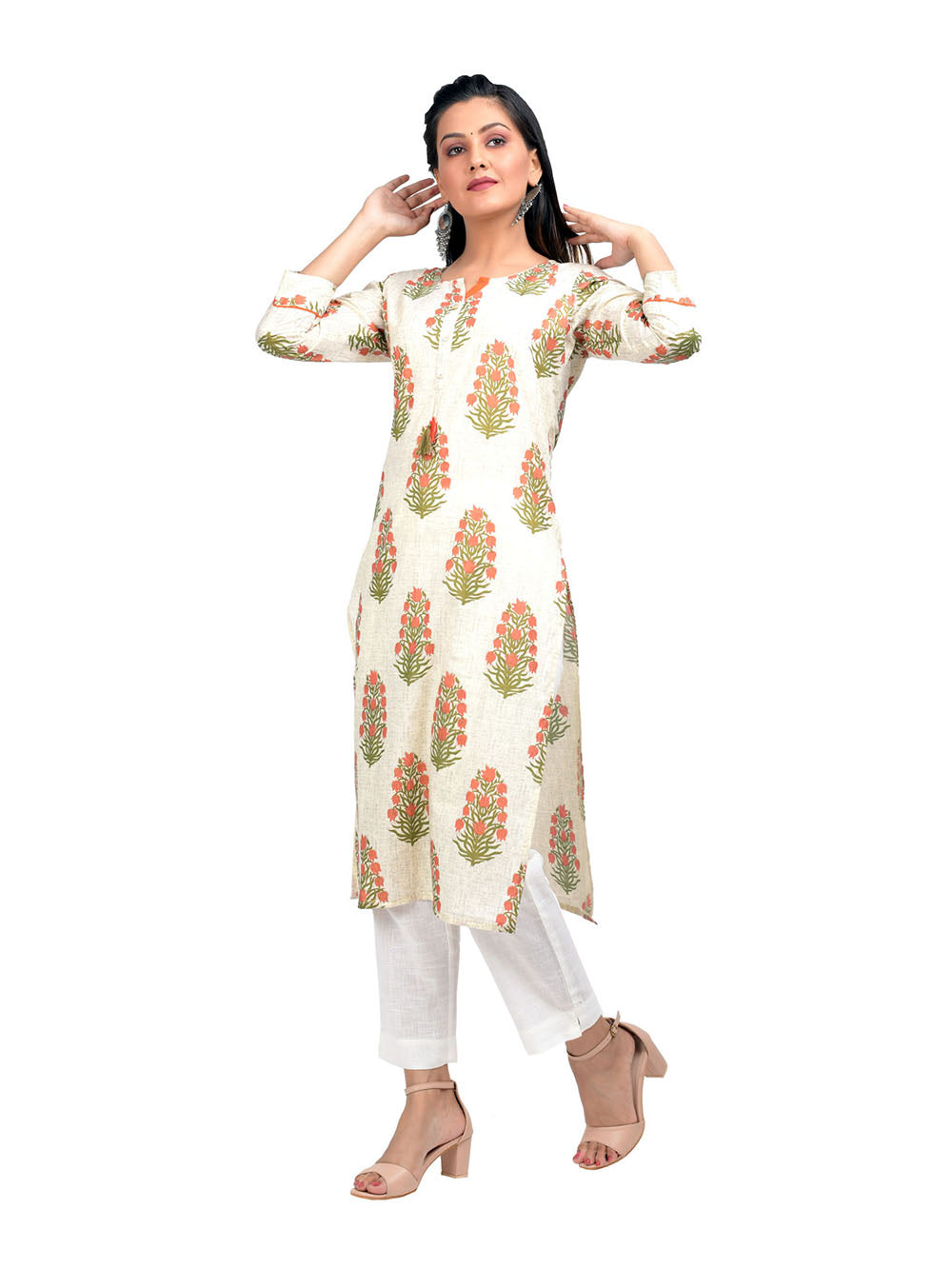 Off White Block Printed Cotton Kurta