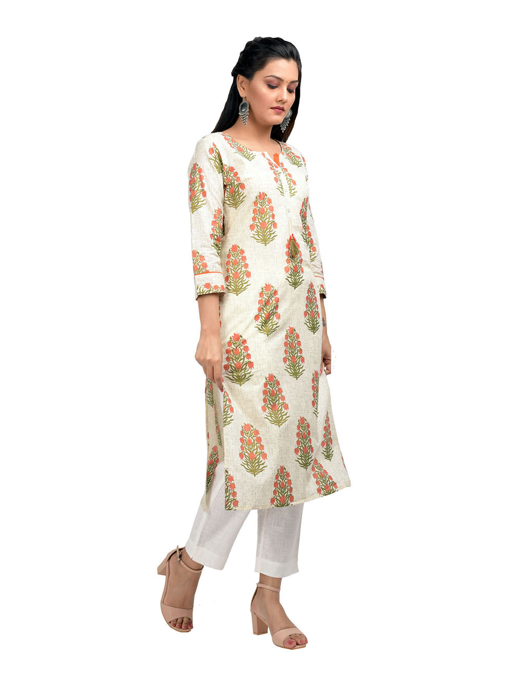 Off White Block Printed Cotton Kurta