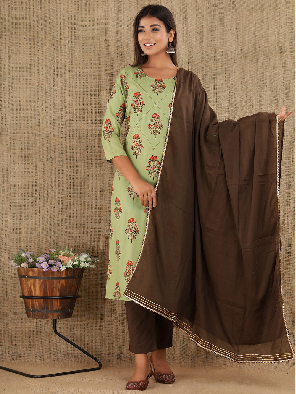 Green Brown Floral Printed Cotton Suit Set