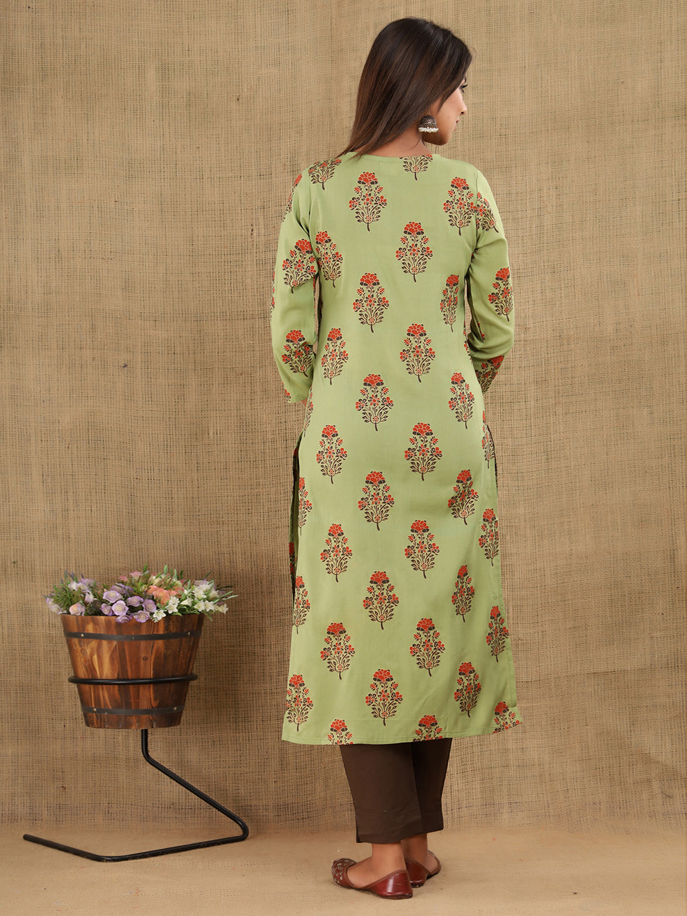 Green Brown Floral Printed Cotton Suit Set