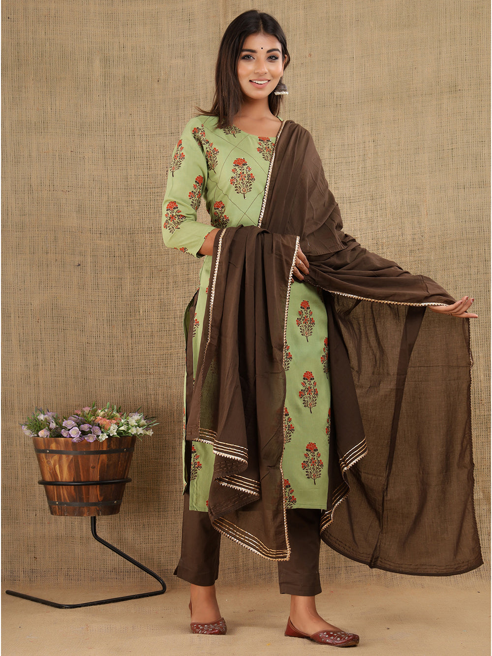 Green Brown Floral Printed Cotton Suit Set