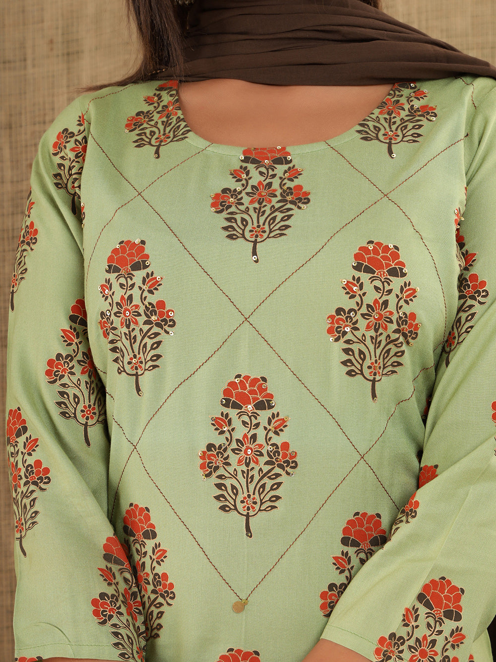 Green Brown Floral Printed Cotton Suit Set