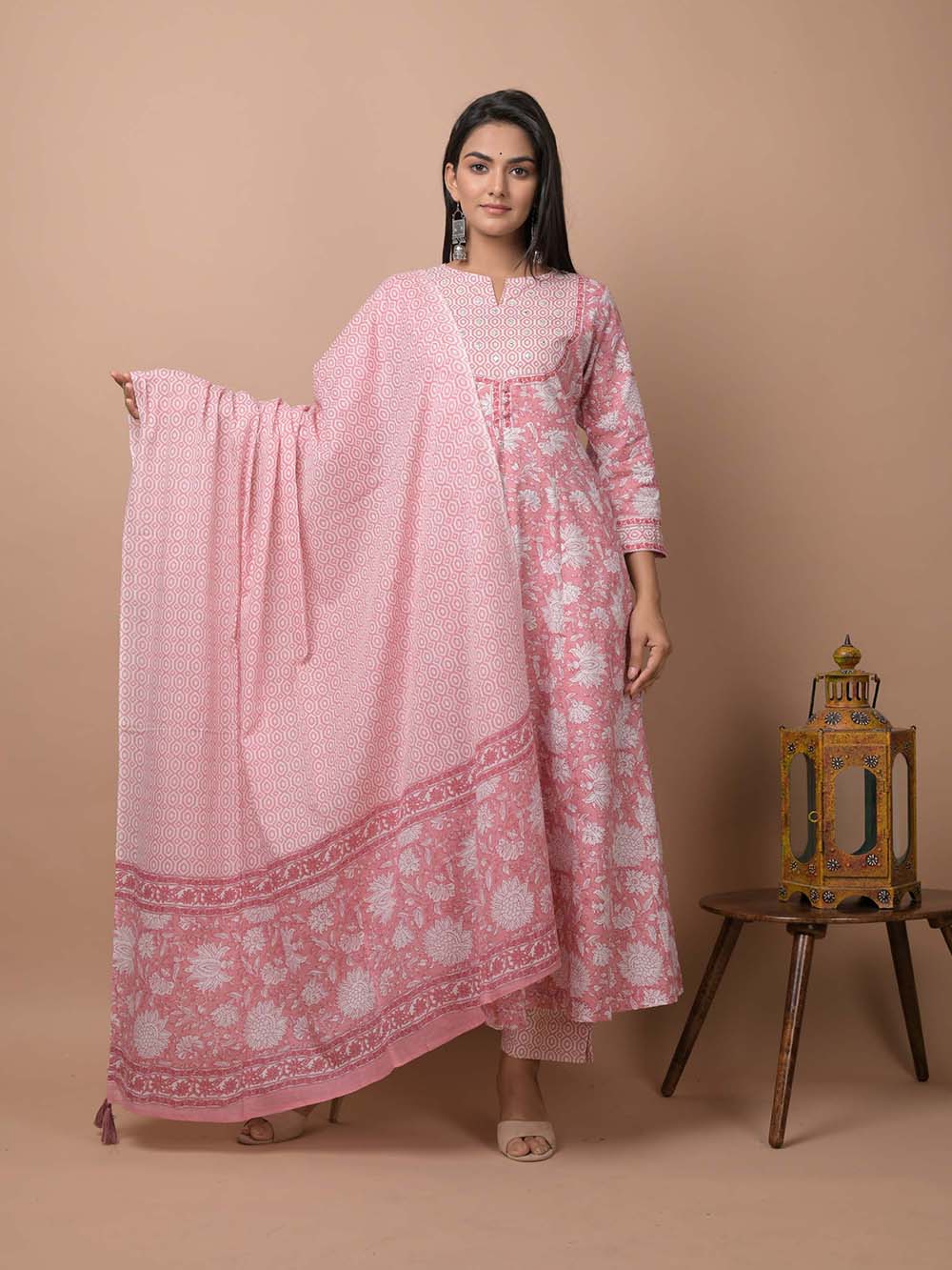 Pink Floral Printed Cotton Suit Set