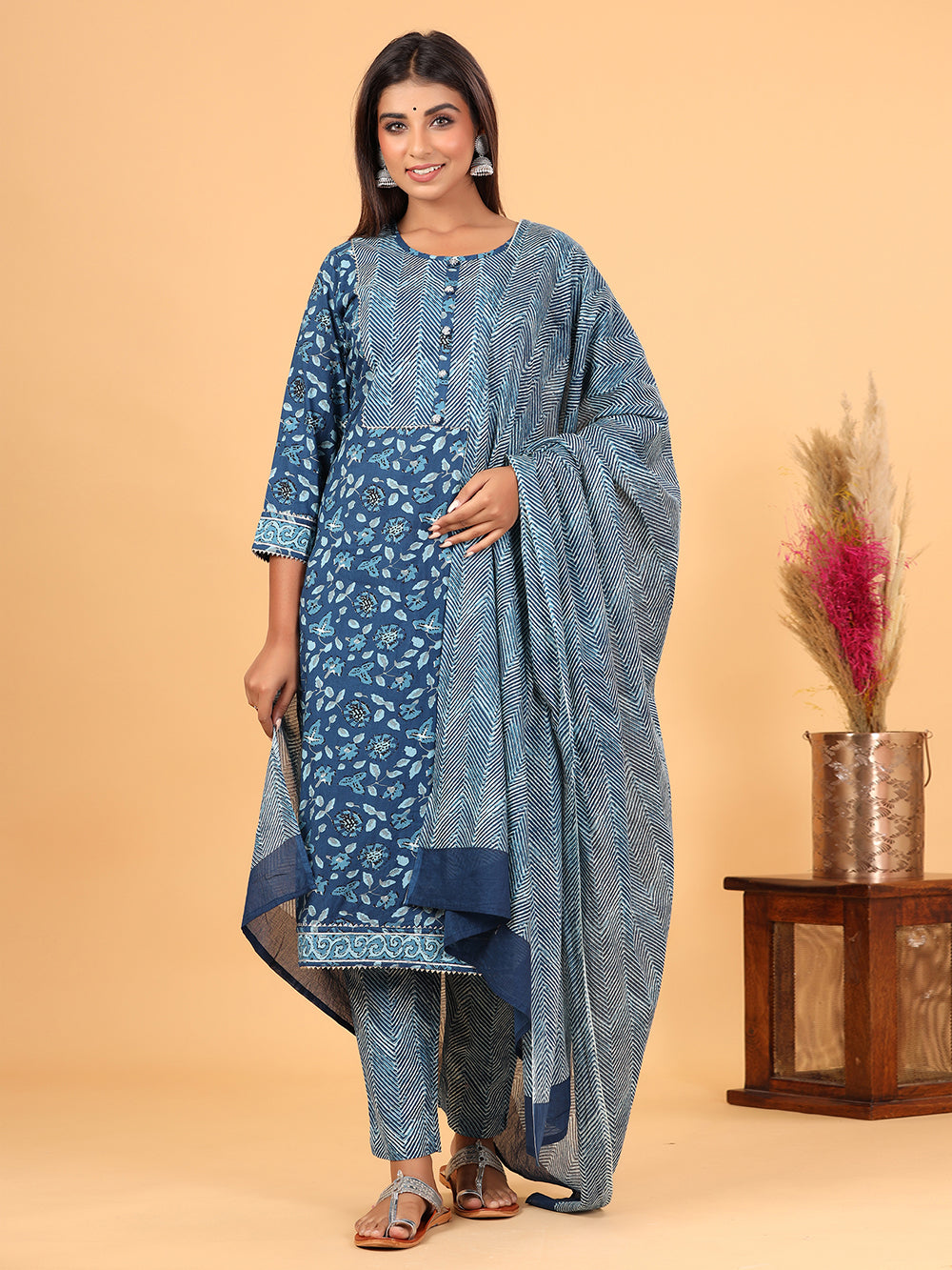 Blue Floral Printed Cotton Suit Set