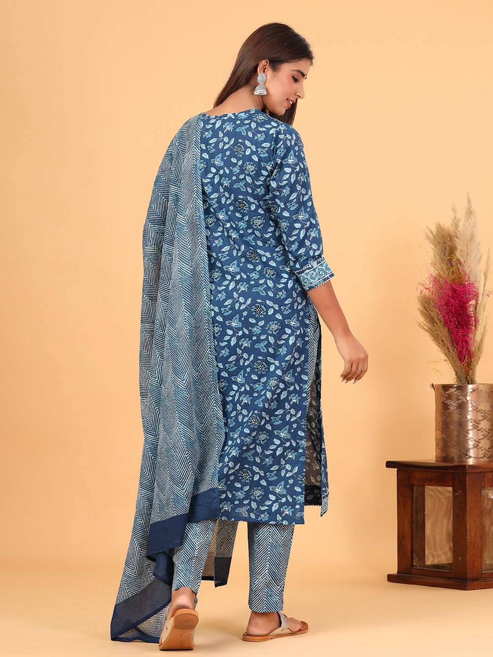 Blue Floral Printed Cotton Suit Set