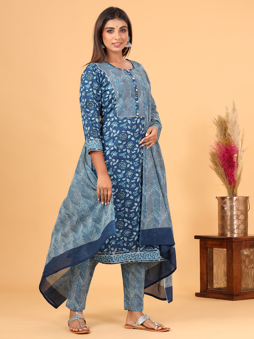 Blue Floral Printed Cotton Suit Set