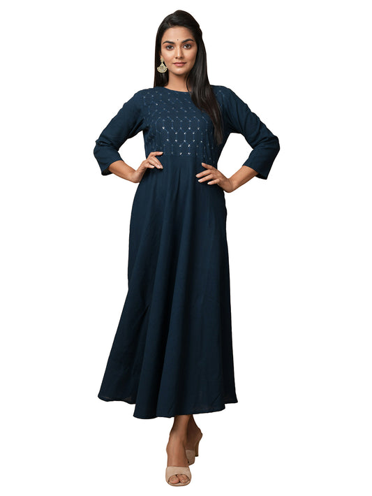 Navy Blue Solid Sequin Cotton Anarkali Kurta