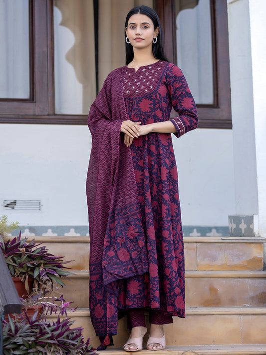 Maroon Floral Printed Cotton Suit Set