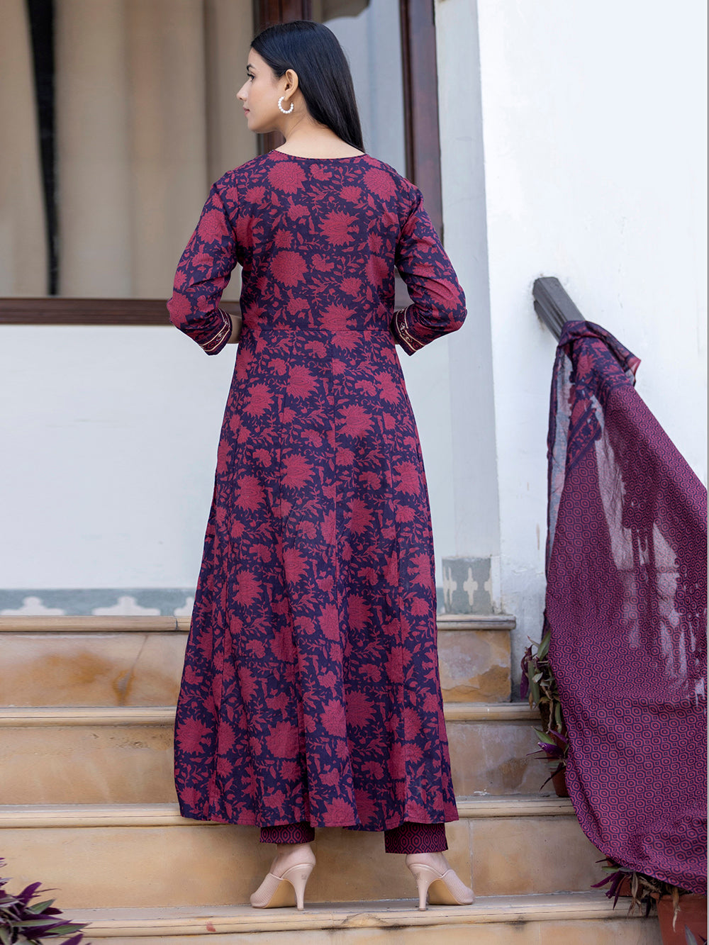 Maroon Floral Printed Cotton Suit Set