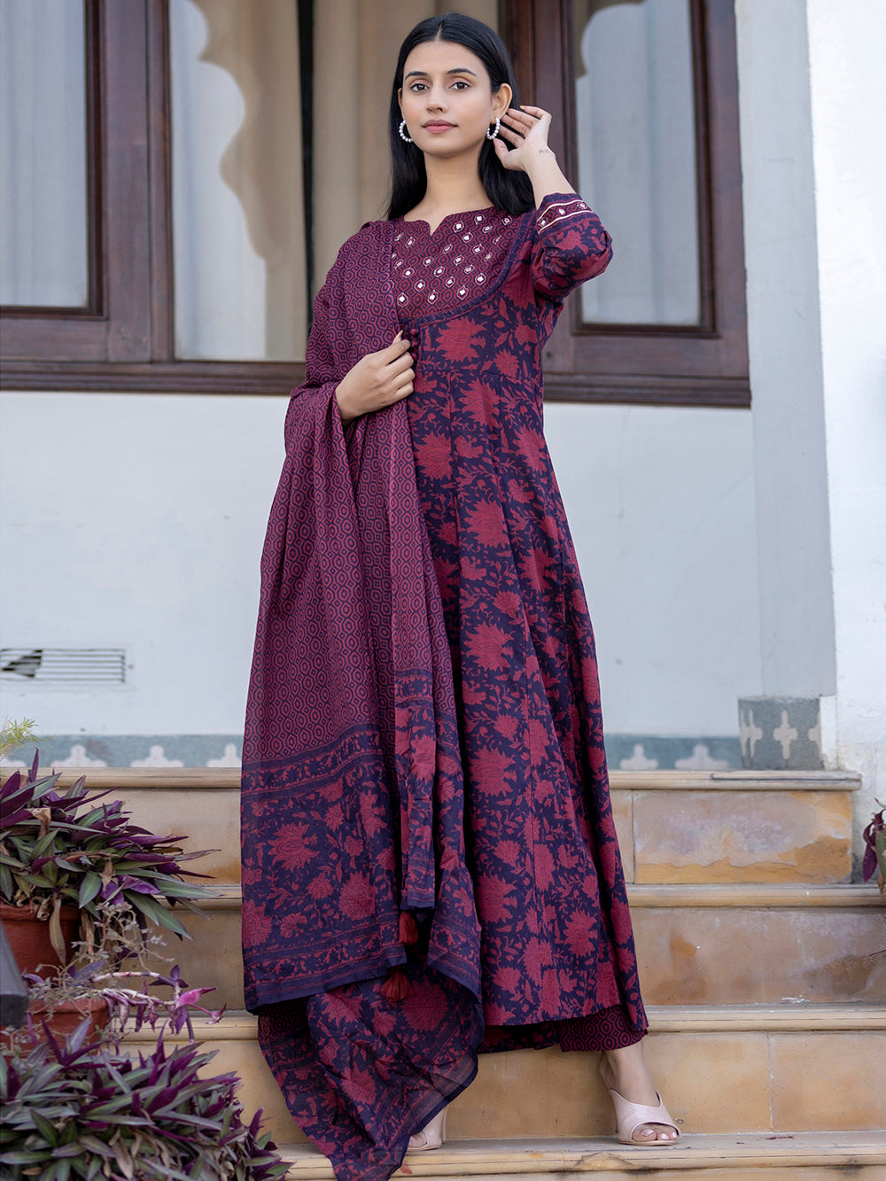 Maroon Floral Printed Cotton Suit Set