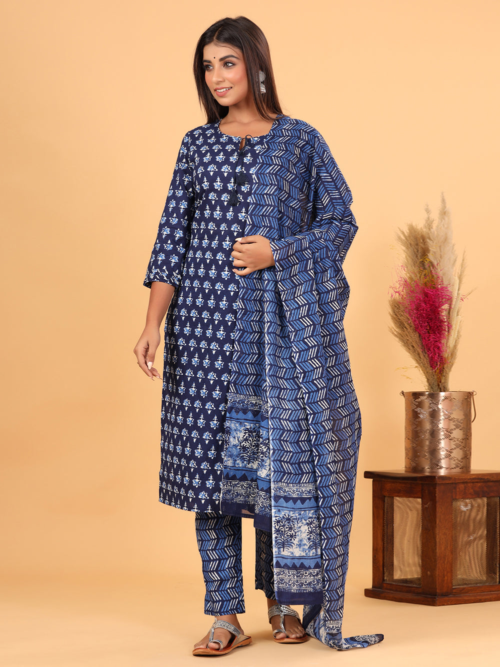 Blue Floral Printed Cotton Suit Set