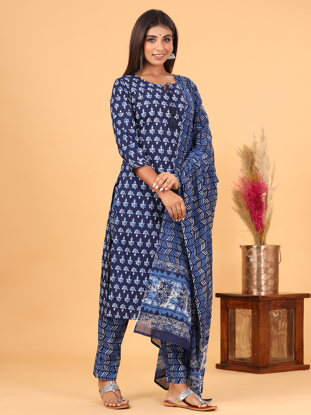 Blue Floral Printed Cotton Suit Set