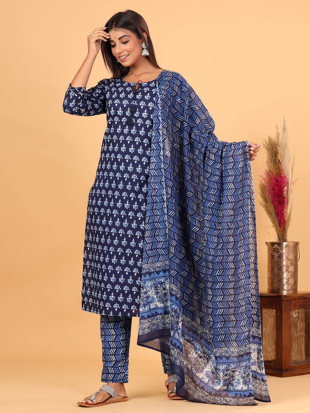 Blue Floral Printed Cotton Suit Set