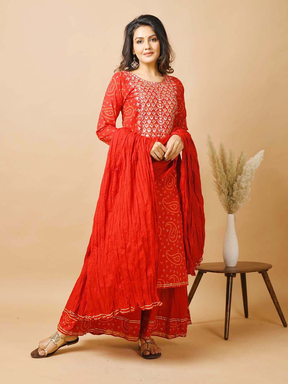 Red Bandhej Printed Cotton Suit Set