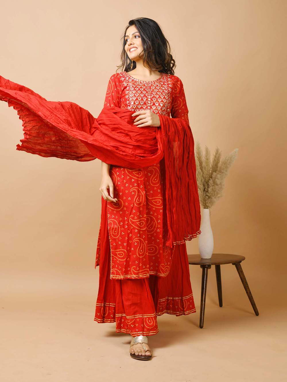 Red Bandhej Printed Cotton Suit Set