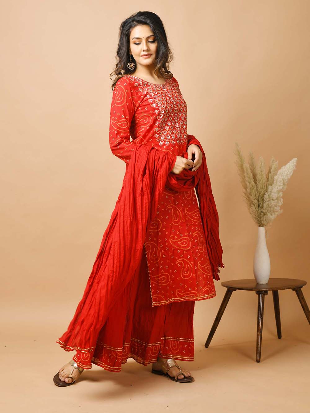 Red Bandhej Printed Cotton Suit Set