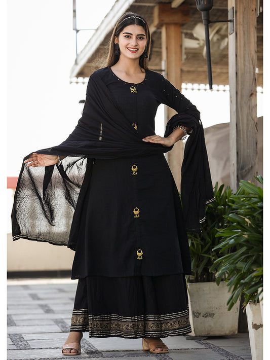 Black Metal Embellishment Printed Cotton Suit Set