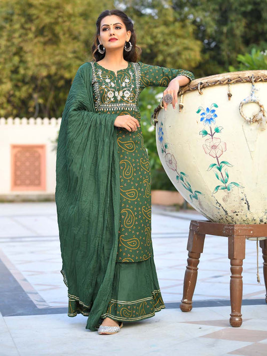 Green Bandhej Printed Cotton Suit Set