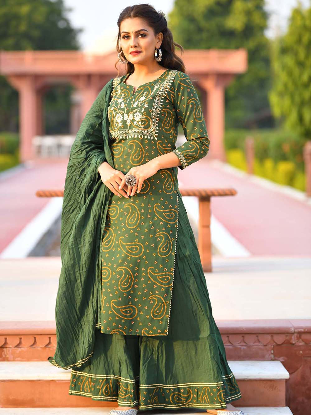 Green Bandhej Printed Cotton Suit Set