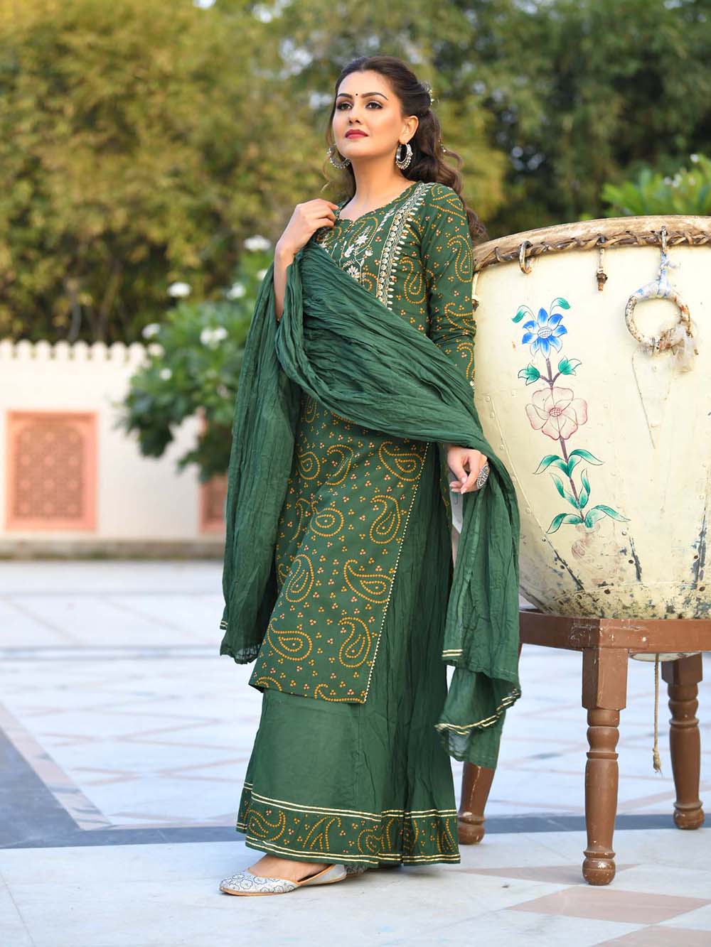 Green Bandhej Printed Cotton Suit Set