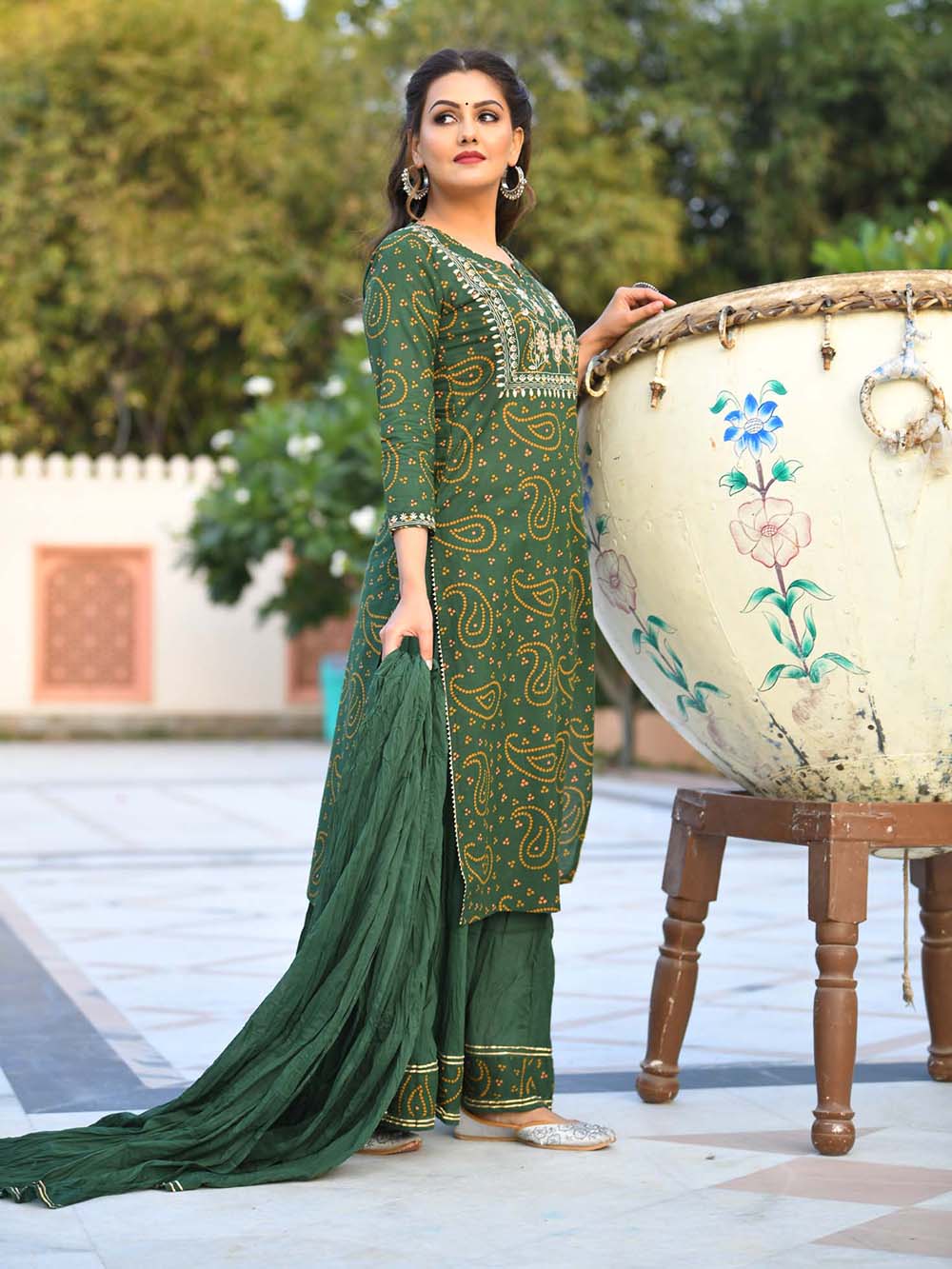 Green Bandhej Printed Cotton Suit Set