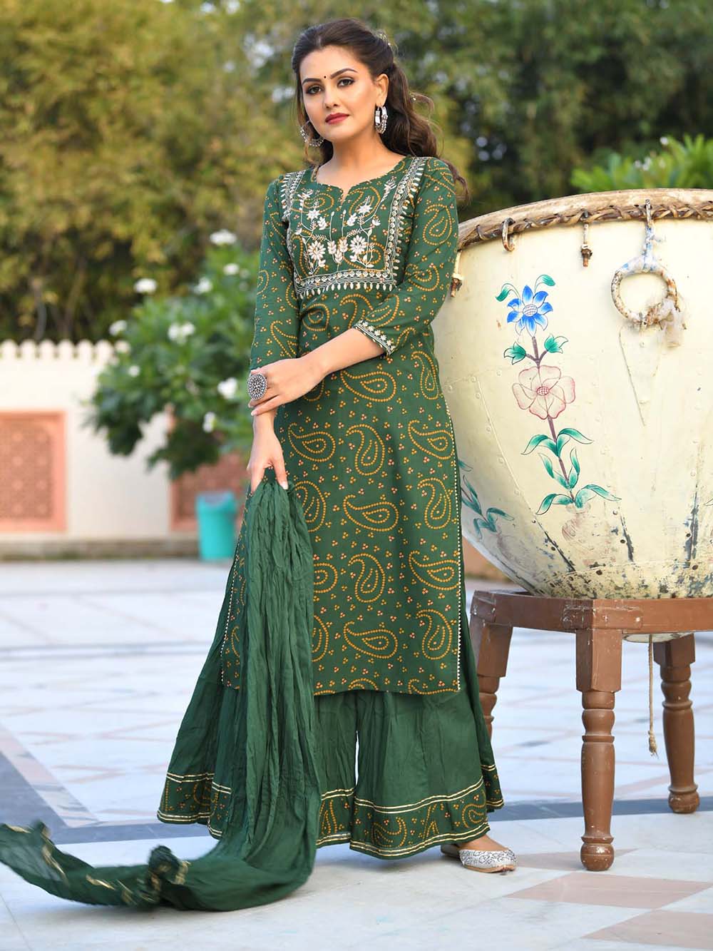 Green Bandhej Printed Cotton Suit Set