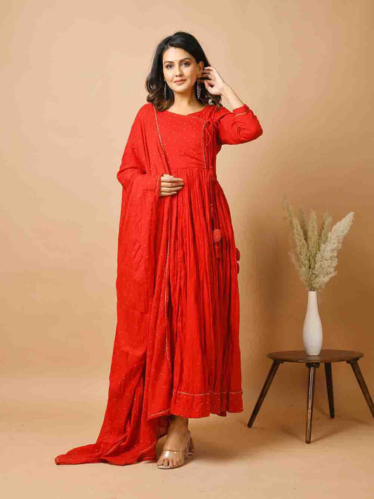 Red Zari Embellishment Angrakha Cotton Suit Set