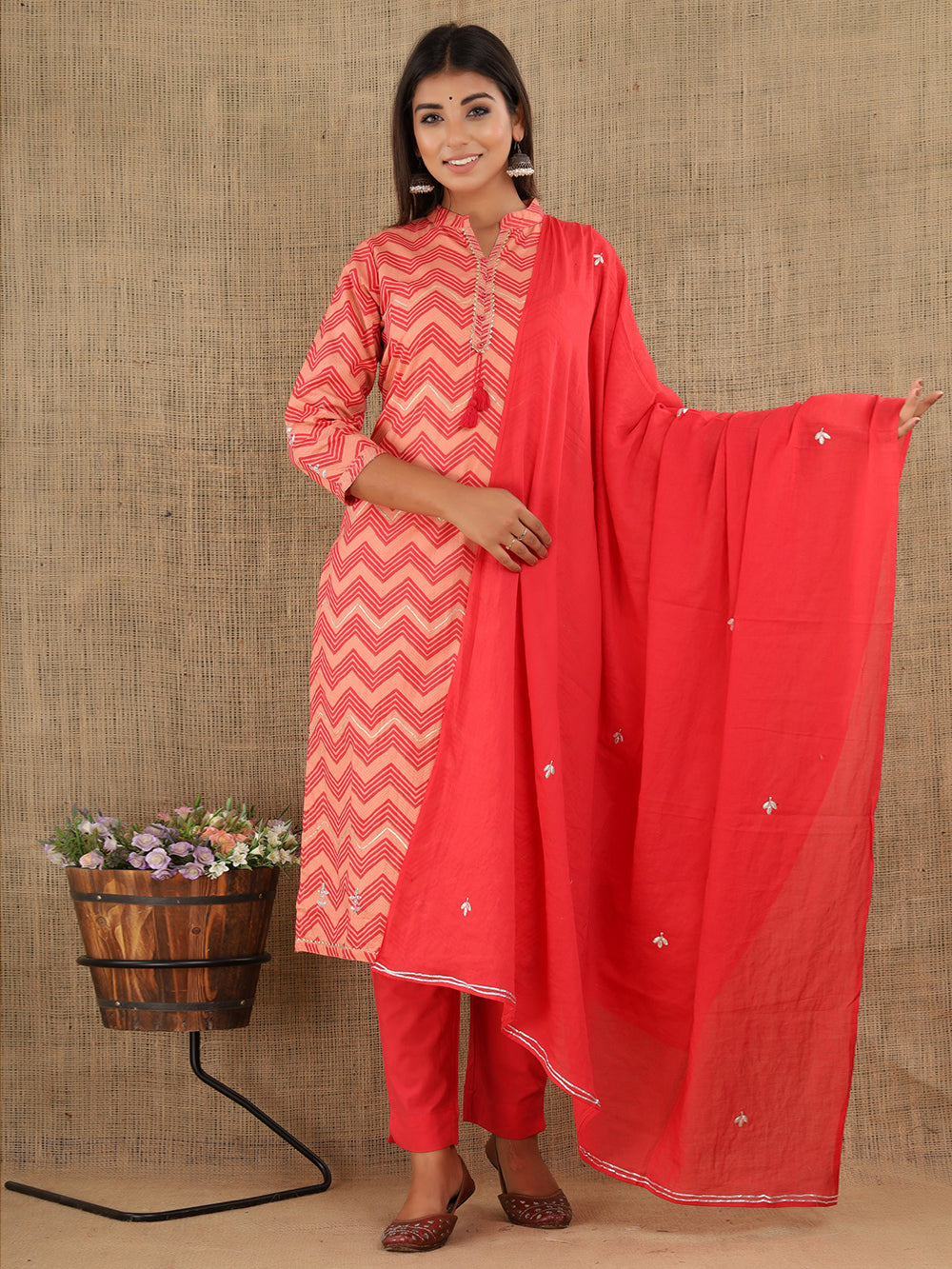 Pink Zigzag Print Cotton Suit Set