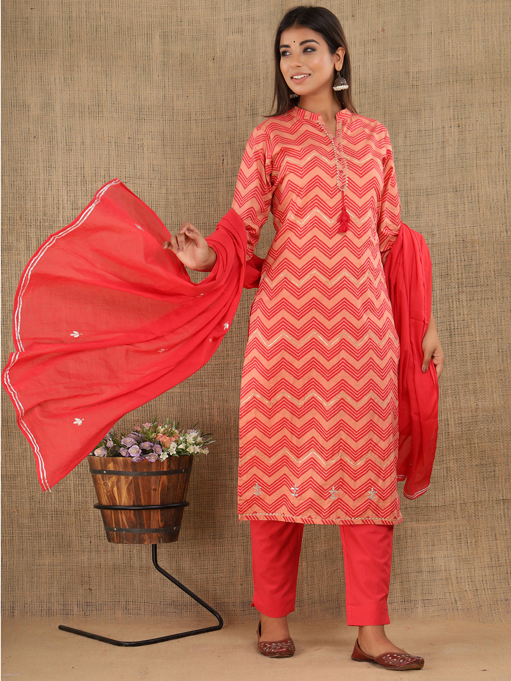 Pink Zigzag Print Cotton Suit Set