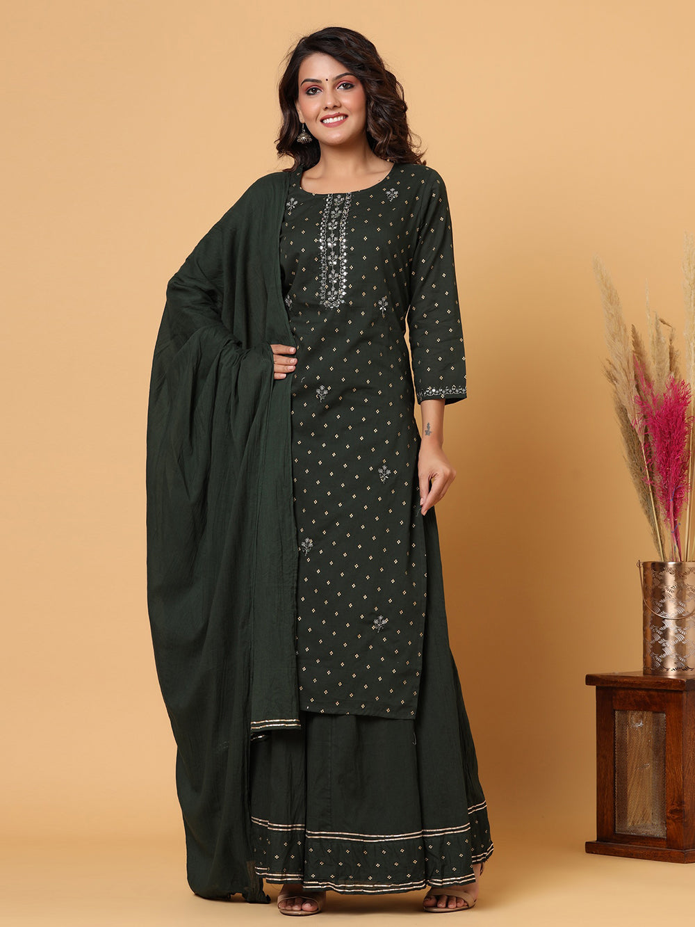 Green Gold Printed Cotton Suit Set