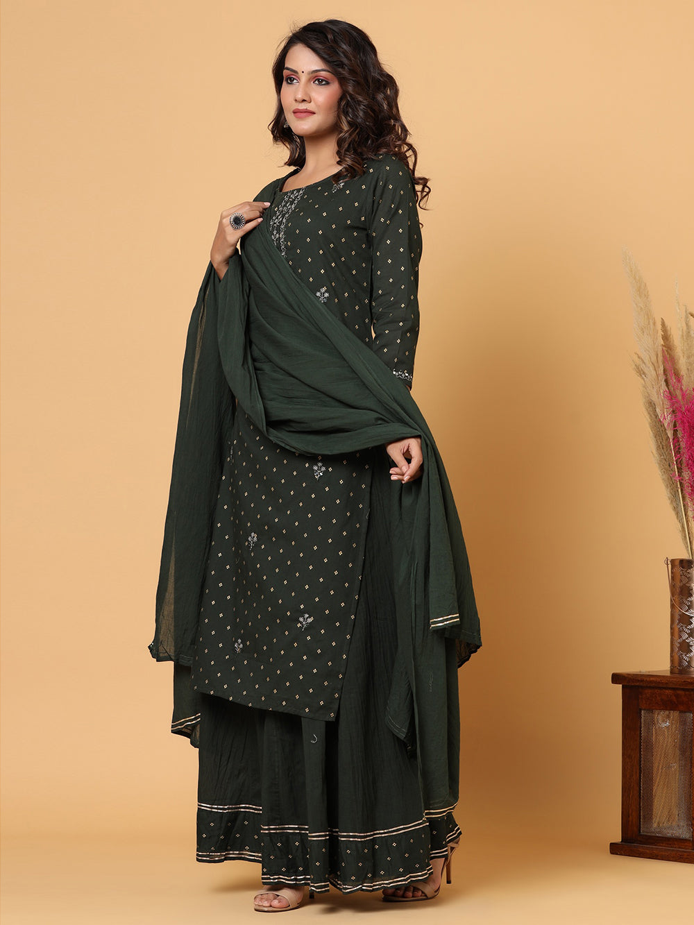 Green Gold Printed Cotton Suit Set