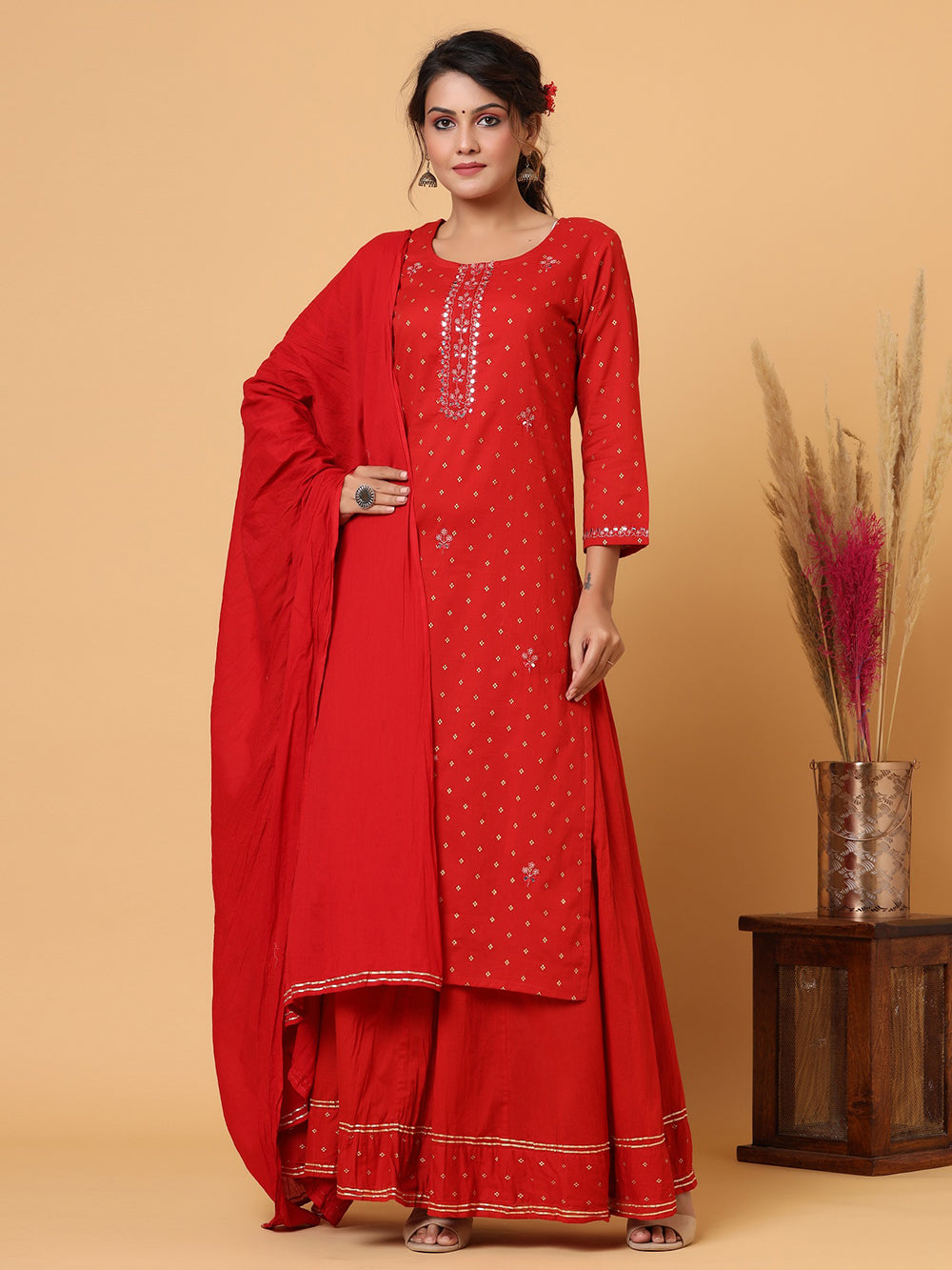 Red Gold Printed Cotton Suit Set