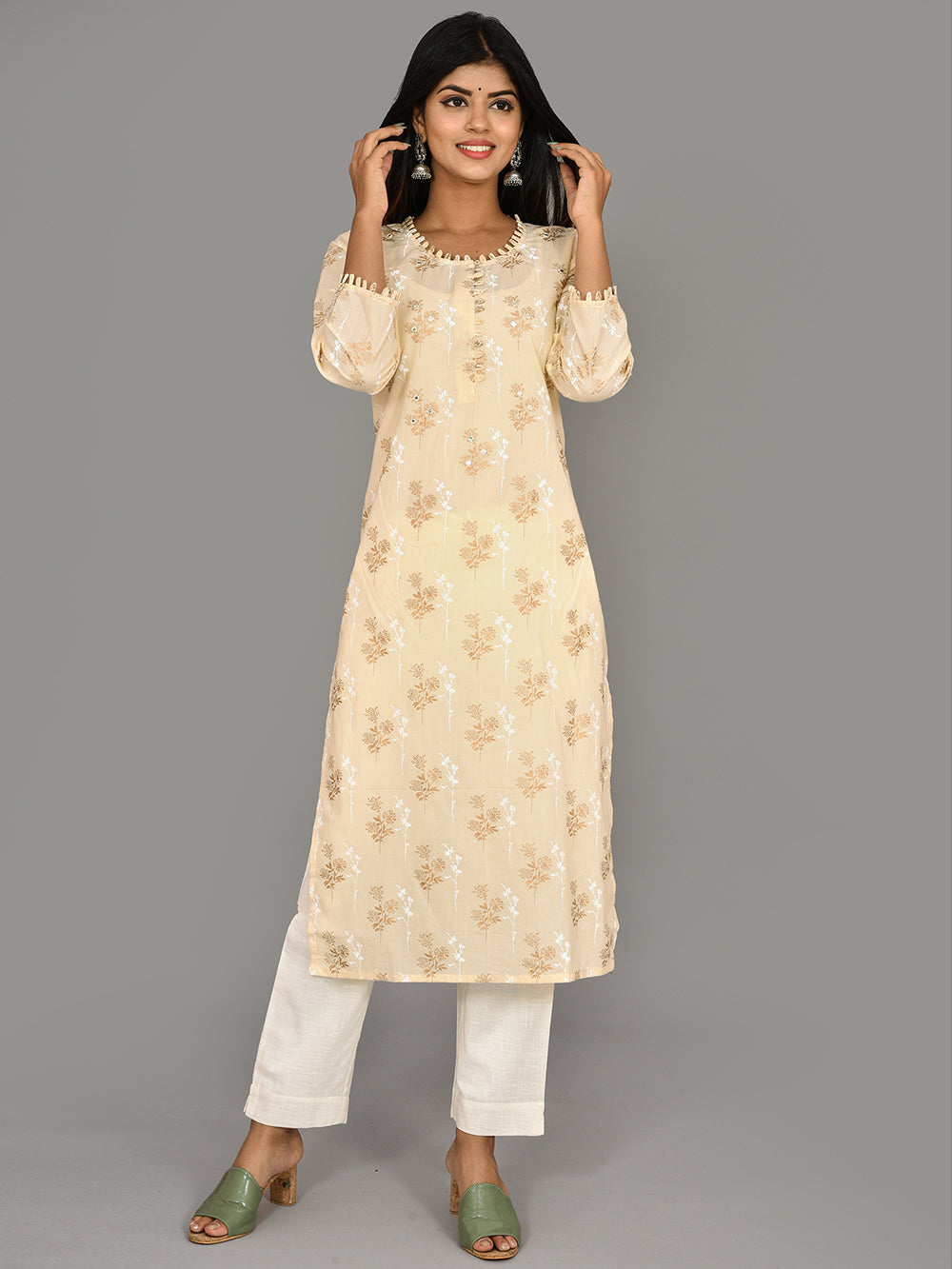 Off White Floral Printed Cotton Kurta