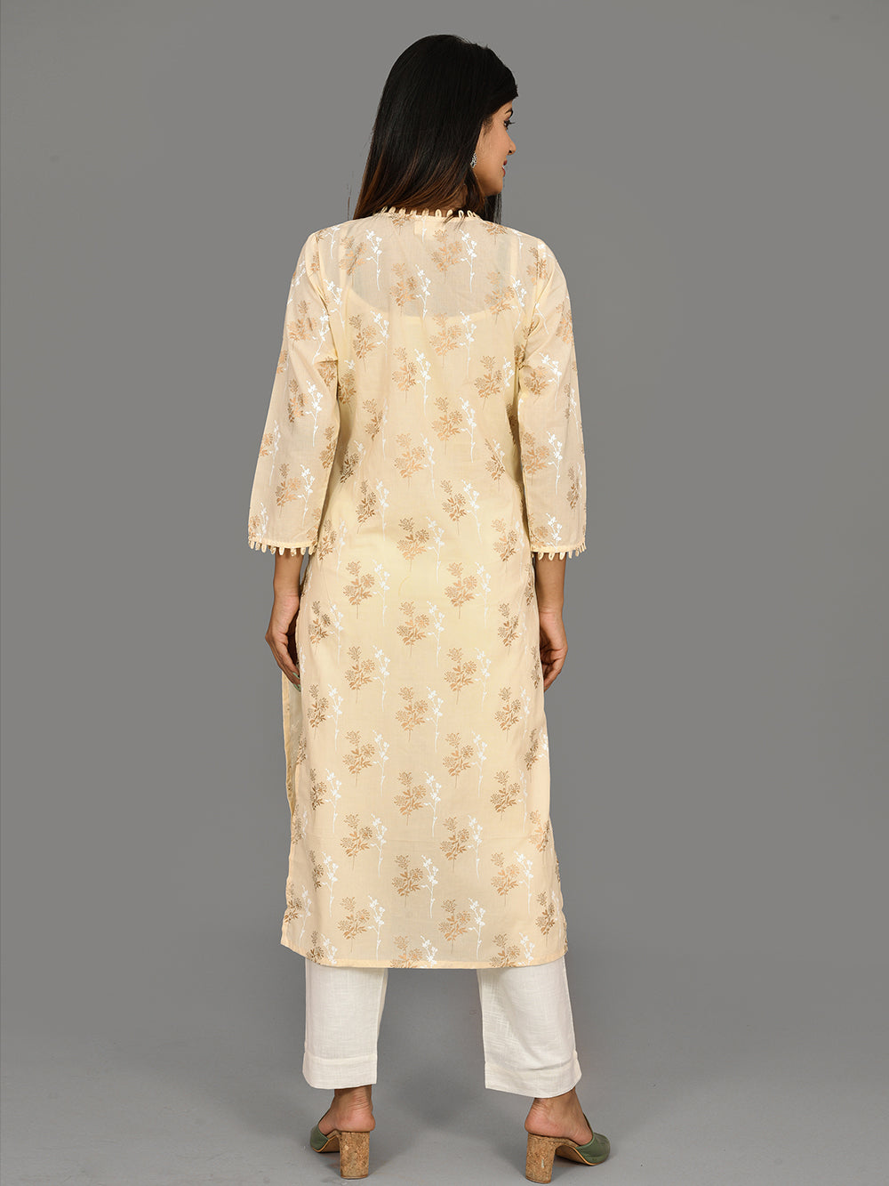 Off White Floral Printed Cotton Kurta