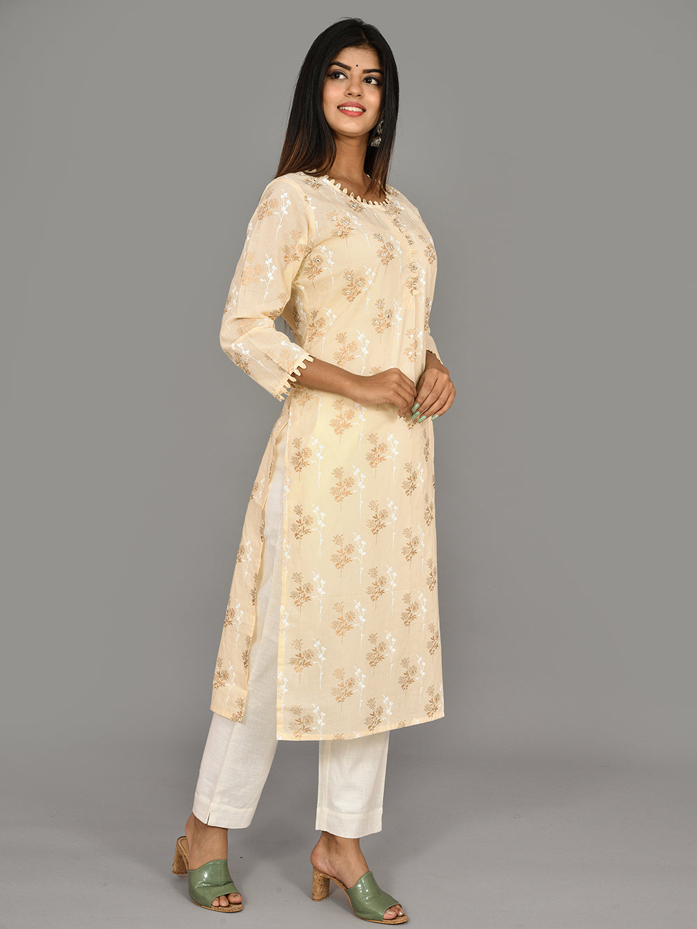 Off White Floral Printed Cotton Kurta