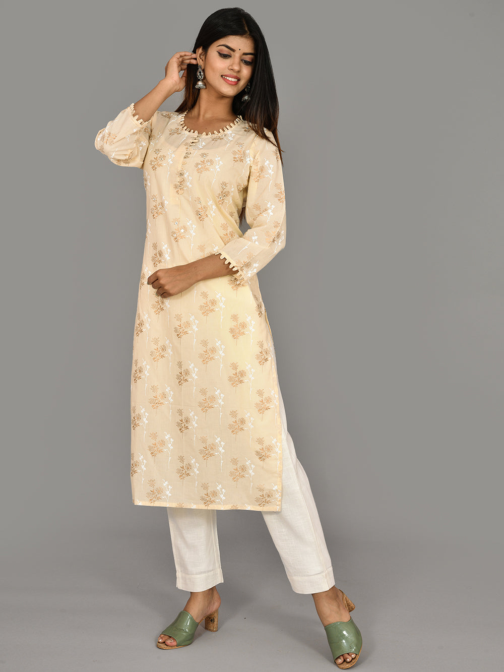 Off White Floral Printed Cotton Kurta