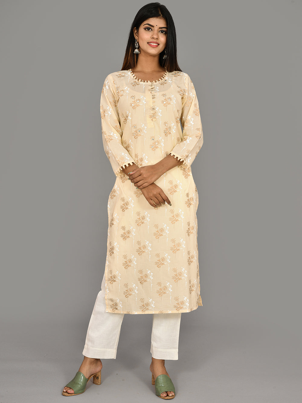 Off White Floral Printed Cotton Kurta