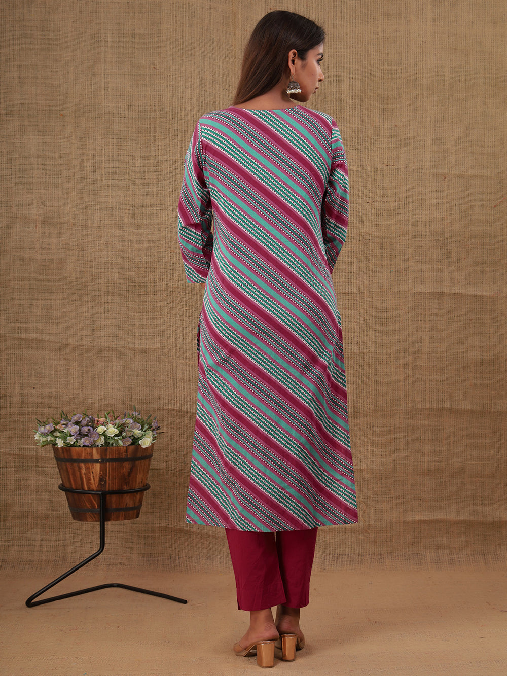 Maroon Lehariya Cotton Kurta with Pant Set