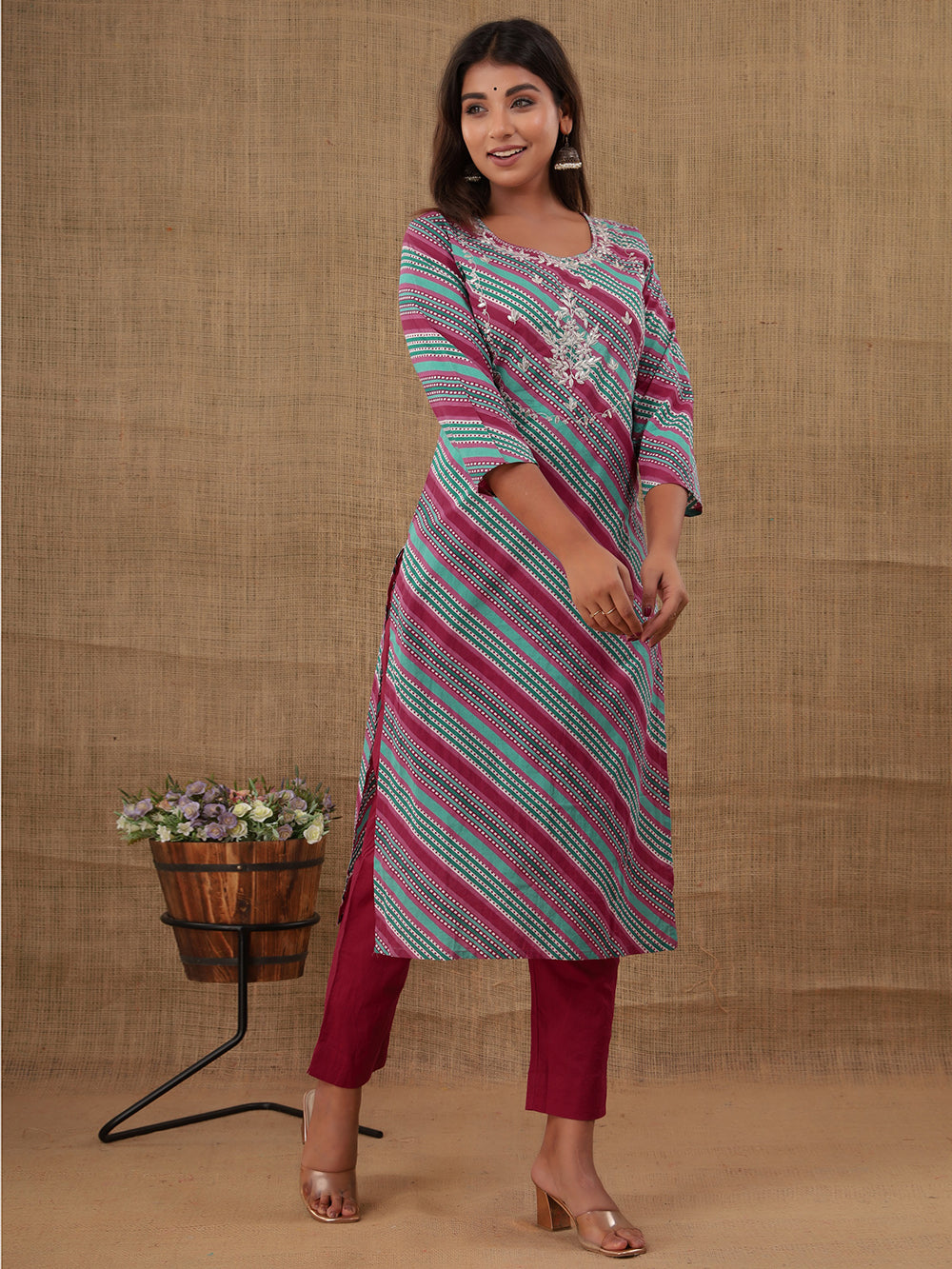 Maroon Lehariya Cotton Kurta with Pant Set