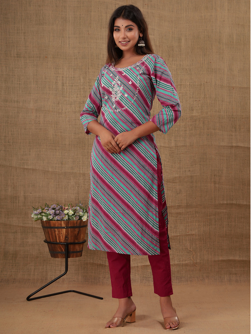 Maroon Lehariya Cotton Kurta with Pant Set