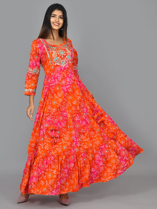 Orange Zari Embroidered Cotton Anarkali Kurta