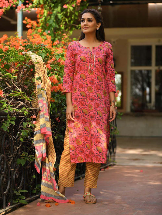 Pink Floral Printed Cotton Suit Set