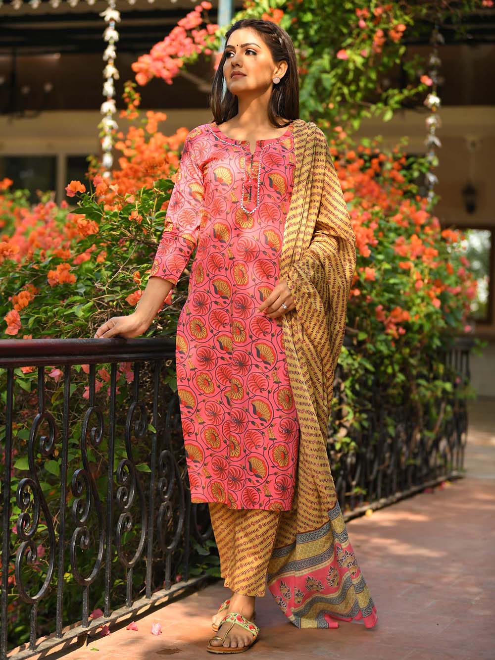 Pink Floral Printed Cotton Suit Set