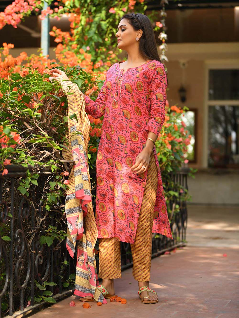 Pink Floral Printed Cotton Suit Set